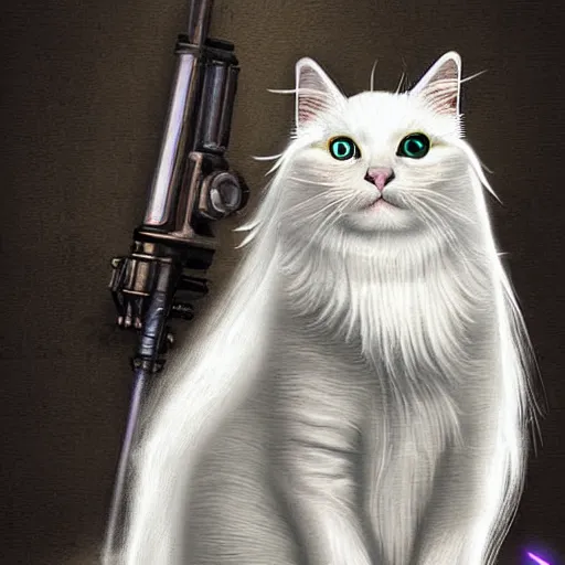 Prompt: long haired white cat in a futurist armor holding a light saber, digital art, fantasy, steampunk