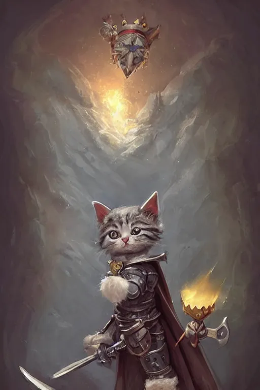 Image similar to cute little anthropomorphic cat knight wearing a cape and a crown, tiny, small, miniature cat , baby animal, short, pale blue armor, cute and adorable, pretty, beautiful, DnD character art portrait, matte fantasy painting, DeviantArt Artstation, by Jason Felix by Steve Argyle by Tyler Jacobson by Peter Mohrbacher, cinematic lighting