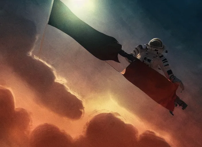 Prompt: astronaut underwater holding a flag in the bottom of the ocean. a submarine is visible in the distance. dark, concept art, cinematic, dramatic, atmospheric, 8 k, trending on artstation, low visibility, fog, ocean floor, christopher nolan, interstellar