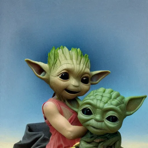 Image similar to baby groot sitting baby yoda in the style of william adolphe bouguereau