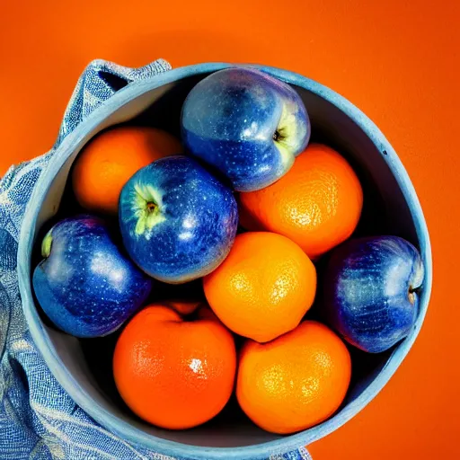 Image similar to A single blue apple in a bowl full of oranges, one blue apple in a bowl, ten oranges in the same bowl, 4k, photo, hd,