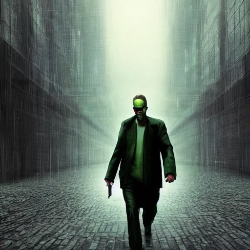 Image similar to a man walking into the matrix, concept art, illustration, highly detailed, artwork, cinematic, hyper realistic