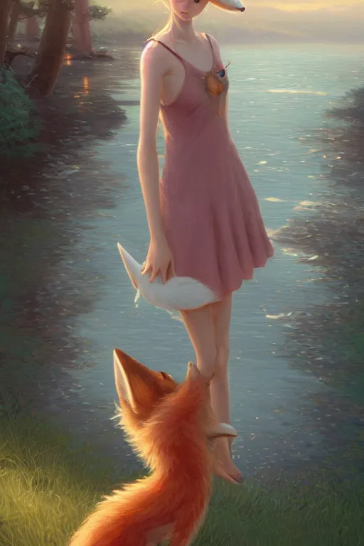 Prompt: an anthropomorphic fox girl wearing a simple sundress, she has a fluffy tail and two pointed ears, beautiful lake background, illustration by greg rutkowski, thomas kindkade, loish, artstation, furaffinity, deviantart