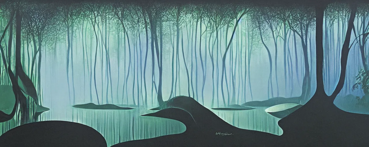 Prompt: deep forest, small rainbow river, light shimmering, water mists, subtle color variantions, summer rain, gentle mists, a white robed benevolent magician clothed in a royal garment in contemplation and meditation casts a benevolent white magic spell, by Eyvind Earle and Mary Blair
