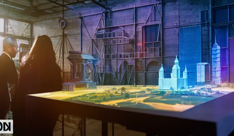 Image similar to group of people in walled warehouse, looking at hologram of futuristic city on a table, cinematic concept, godrays, golden hour, natural sunlight, 4 k, clear details, tabletop model buildings, center model buildings, hologram center, crane shot, crane shot, crane shot