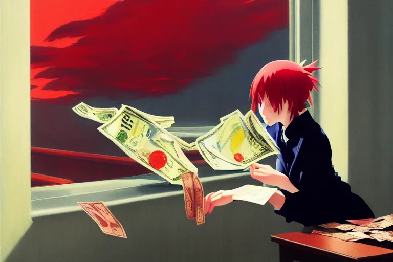 Image similar to anime key visual of anime cat girl losing all of her money on the stock market, panic red, style of jamie wyeth james gilleard edward hopper greg rutkowski acrylic painting, preserved museum piece, historical