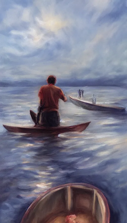 Image similar to man on boat crossing a body of water in hell with creatures in the water, sea of souls, by emilia wilk