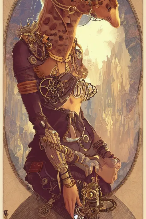 Image similar to anthropomorphic giraffe as steampunk princess, blonde hair, high fantasy, dnd, smooth, sharp focus, illustration, highly detailed, digital painting, artstation, concept art, by disney animation, rossdraws, alphonse mucha, frank fanzzeta, collectible card art