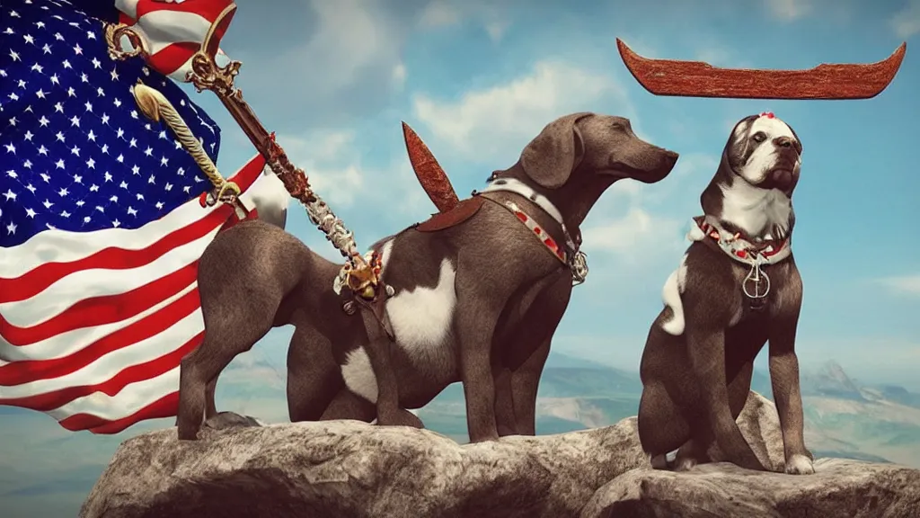 Image similar to a dog with a trident sitting on top of a bald eagle, patriotic, highly detailed, unreal engine