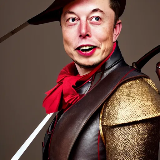 Image similar to photo of elon musk as a musketeer, he has a big black hat with a red feather, he is holding a shiny rapier sword, he is posing and looking straight to the camera, brown background, studio lighting, 4 k, 8 k