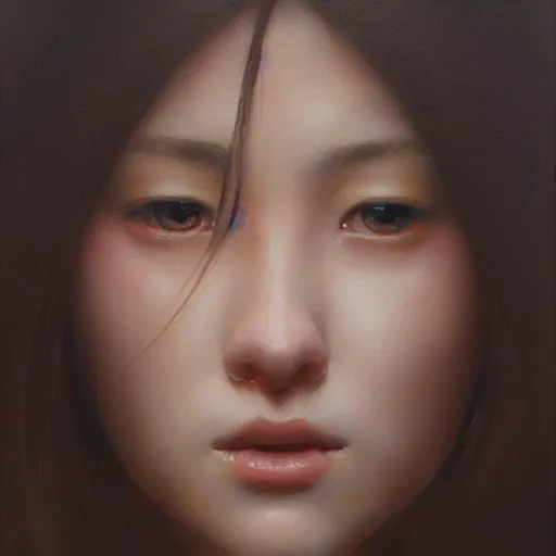 Image similar to perfect, realistic oil painting of close-up japanese girl face, by Greg Rutkowski, by an American professional senior artist, Hollywood concept, dynamic composition and motion, postproduction.