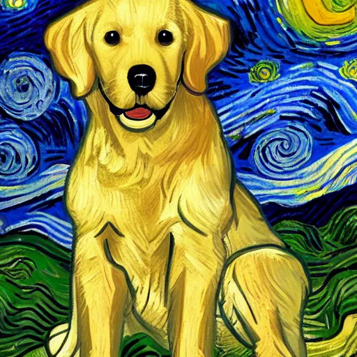 Prompt: painted golden retriever playing in vincent van gogh's starry night