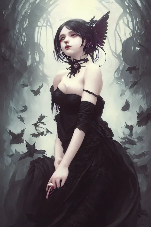 Prompt: portrait of radical lolita girl, dreamy and ethereal, dark eyes, smiling, ornate goth dress, dark fantasy, chaotic, elegant, black crows flying, highly detailed, digital painting, artstation, concept art, smooth, sharp focus, illustration, art by artgerm and greg rutkowski and alphonse mucha