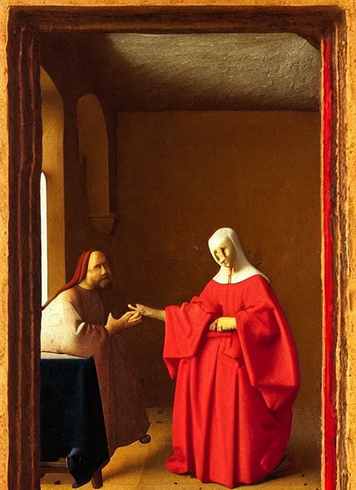 Image similar to red candle, medieval painting by jan van eyck, johannes vermeer, florence