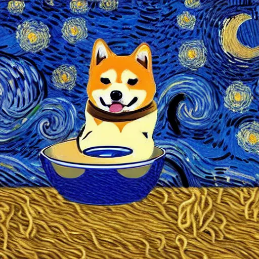 Image similar to shiba inu eating noodles in style of van gogh's starry night