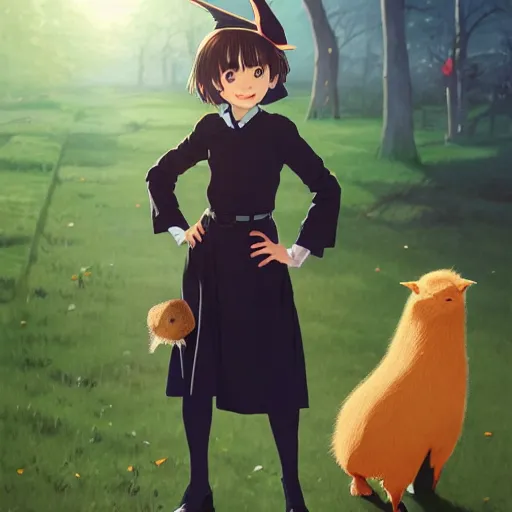 Image similar to full body portrait character concept art, anime key visual of a little witch with her capybara mascot, fine - face, audrey plaza, realistic shaded perfect face, fine details. anime. very strong realistic shaded lighting poster by ilya kuvshinov katsuhiro otomo ghost, magali villeneuve, artgerm, jeremy lipkin and michael garmash and rob rey