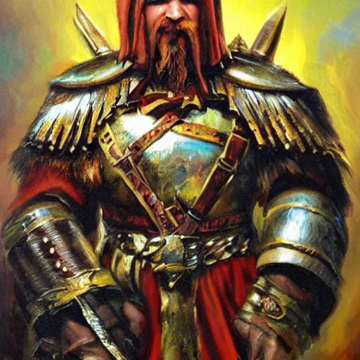 Image similar to a russian warrior who is wearing iron gauntlets in the shape of bear claws in the style of warhammer fantasy : : head and shoulders oil painting