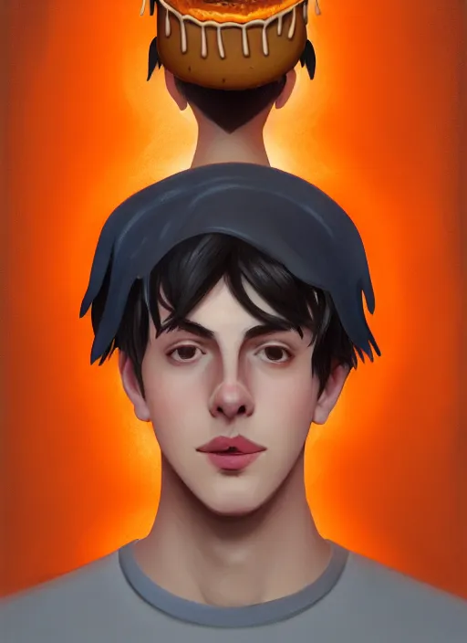 Image similar to portrait of teenage jughead jones wearing a light grey crown, crown, hamburger background, eyes closed, crown, black hair, orange, intricate, elegant, glowing lights, warm lighting, highly detailed, digital painting, artstation, concept art, smooth, sharp focus, illustration, art by wlop, mars ravelo and greg rutkowski