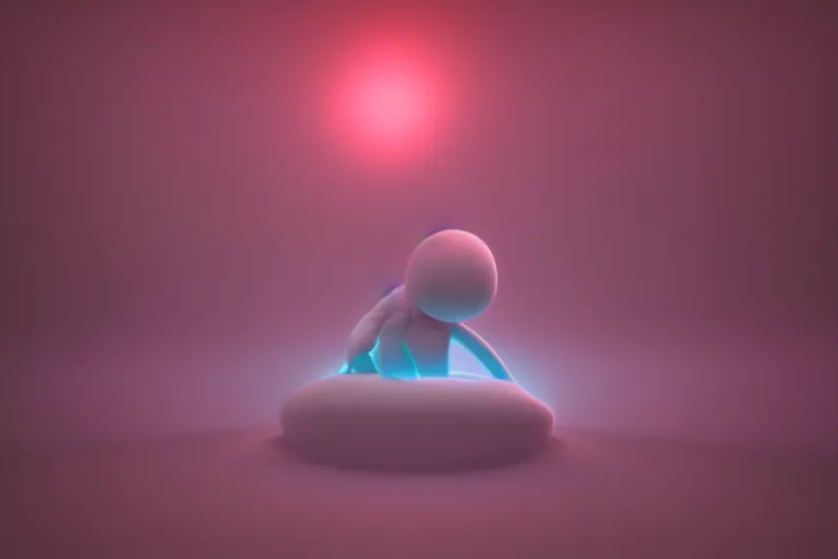 Image similar to a cute alien sitting on a cloud relaxing, misty, glows, blender render, hazy, foggy, red lighting,