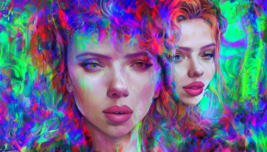 Image similar to scarlett johansson in psychodelic dmt lsd forest, photorealistic, artgerm, artwork by Arian, Mark