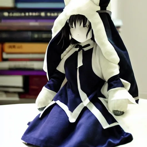 Image similar to cute fumo plush of a girl from a secret cult, the order of the burning shadow, studio lighting