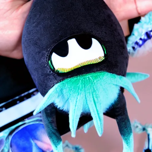 Image similar to a chibi plush goth mantaray muppet, in the style of the muppets, with character design by spongebob the musical on broadway, real, photograph, cinematic