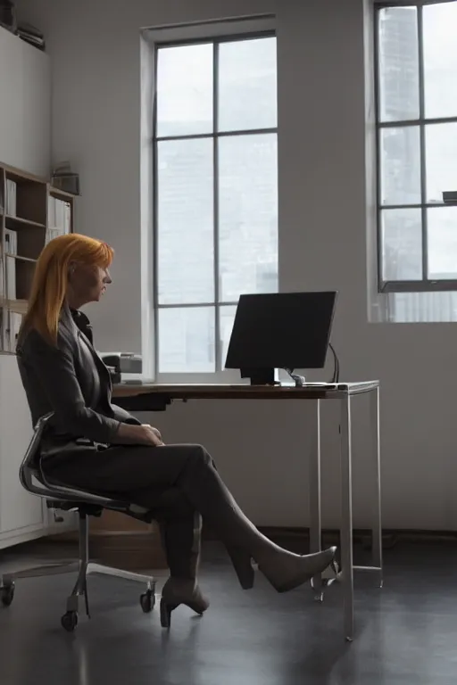 Prompt: pepper potts, ceo of stark industries, sinks into her chair, desolate, her once - spotless office now covered in dust. she sobs. screenshot from the mcu, ambient lighting, 8 k, as played by gwyneth paltrow