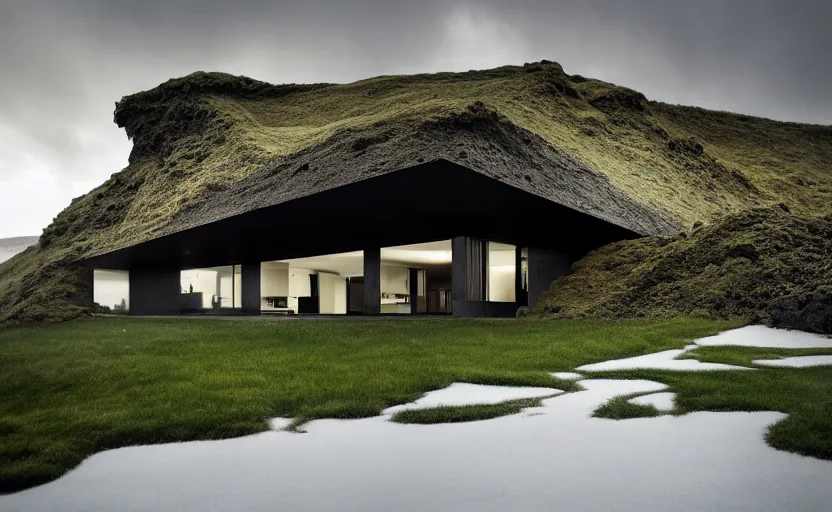 Prompt: An Exterior wide angle shot of a modern architecture house in the middle of a green icelandic valley with black sand rocks and green moss, Greg Rutkowski and Craig Mullins, Cinematic and atmospheric lighting