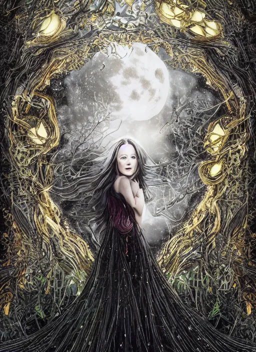 Image similar to glowing silver and golden elements, full close-up portrait, A beautiful dark witch in front of the full big moon, book cover, green forest, red white black colors, establishing shot, extremly high detail, foto realistic, cinematic lighting, pen and ink, intricate line drawings, by Yoshitaka Amano, Ruan Jia, Kentaro Miura, Artgerm, post processed, concept art, artstation, matte painting, style by eddie, raphael lacoste, alex ross