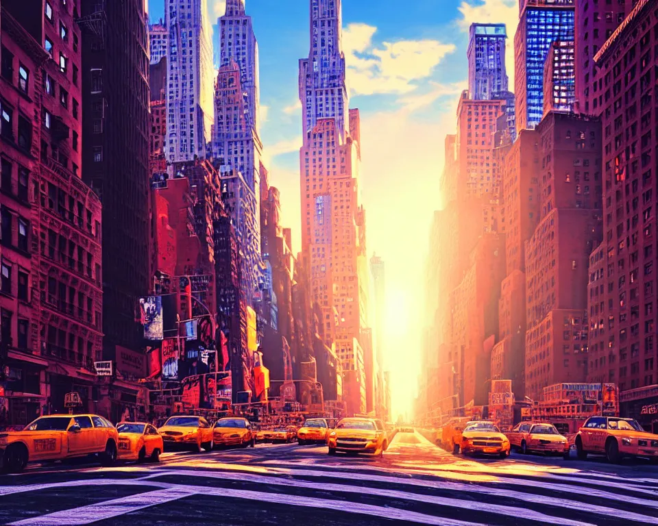 Image similar to new york in the future, city streets, golden hour, perspective artwork, photorealism