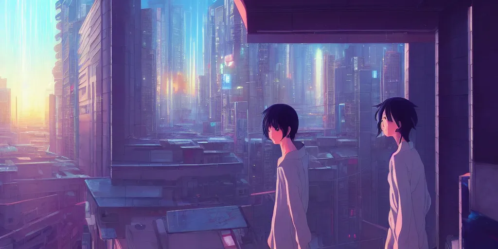 Image similar to beautiful anime painting of a woman looking out of the balcony to the cyberpunk city, by makoto shinkai, kimi no na wa, artstation, atmospheric.