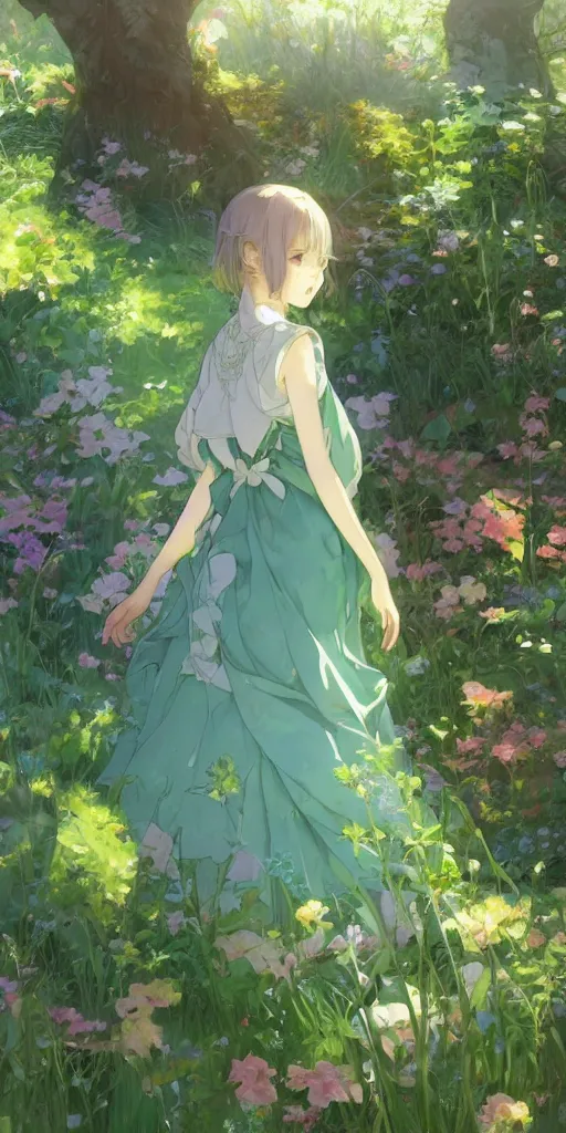 Image similar to a depressed digital art, loli in dress, garden, green and warm theme, blue accents, back lighting, highly detailed, 4 k resolution, trending on art station, by krenz cushart and mucha and akihito yoshida and greg rutkowski and makoto shinkai