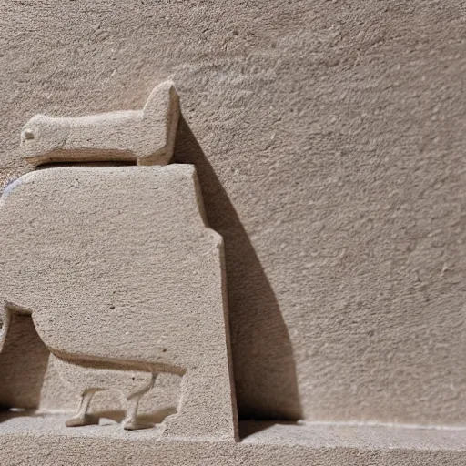 Image similar to close - up museum photo of an ancient limestone statue of a slim walking cat, with letter ה on its head, clay, egypt's, studio lighting, professional, promo,