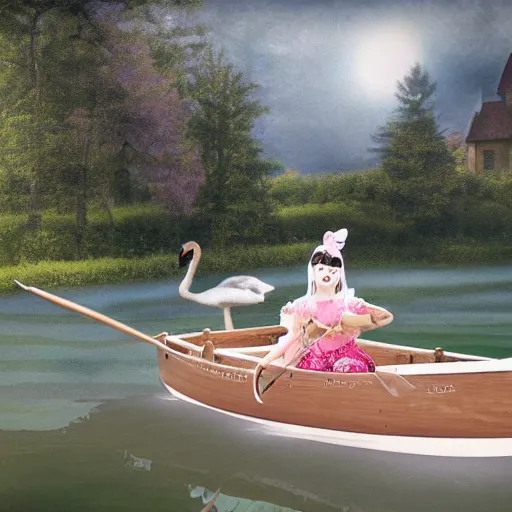 Image similar to realistic photo of Melanie Martinez rowing a boat across a big pond with lillpads and swans