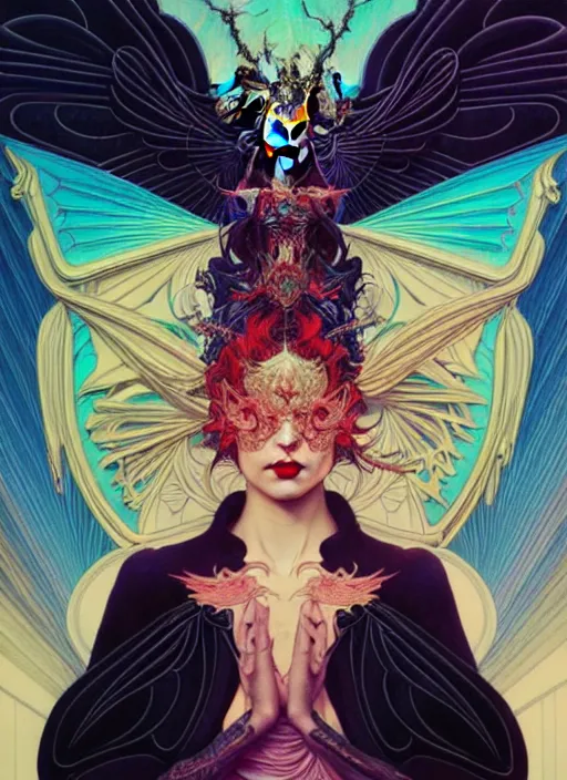 Image similar to high quality high detail portrait of a demonic angel with dark wings in black cathedral, tristan eaton, victo ngai, artgerm, rhads, ross draws, hyperrealism, intricate detailed, alphonse mucha, 8 k, sci - fi, pastel colors, artstation,