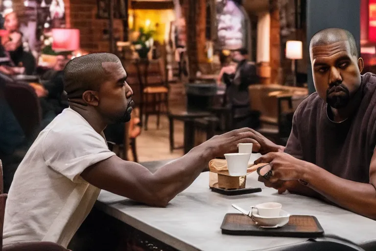 Image similar to Kanye West and Queenz Flip (2018) are best friends, drinking coffee at central perk, still photo, hyperrealistic, 35mm, 8k, by weta digital