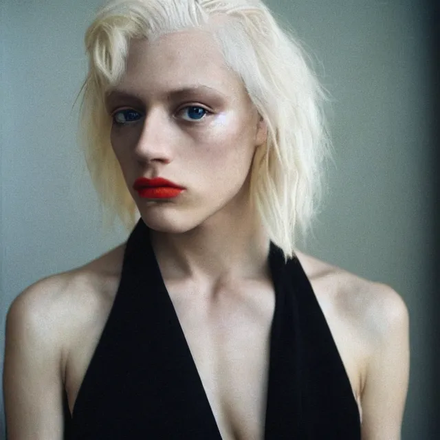 Image similar to a color photograph of a non binary model, platinum blonde, by nan goldin, intense, bold, hyperrealistic, ultra sharp, extra details, ultra high quality, trending on pinteresst