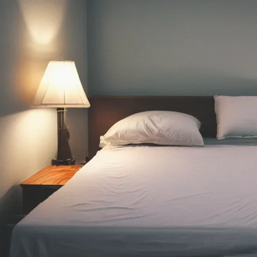 Image similar to dimly lit bedroom, looking down at the edge of a bed, sheets are ruffled, a computer sits on a desk nearby