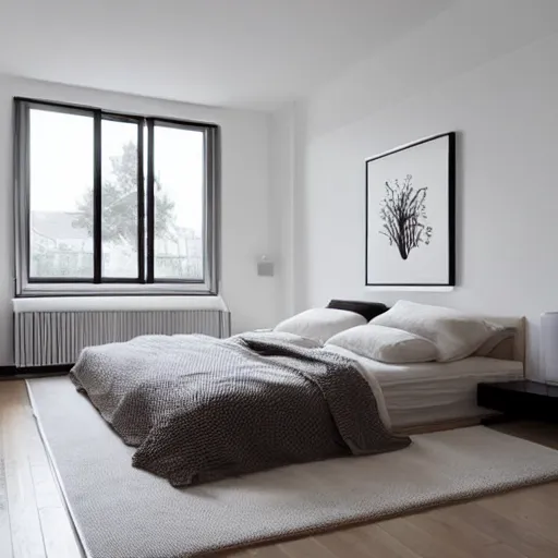 Image similar to Bedroom with Minimalistic Art on the walls, white furtniture, big windows with sunlight coming in