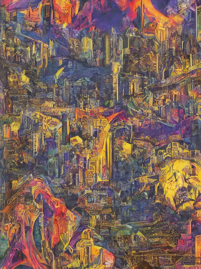 Image similar to demons dream of sleeping in a beautiful city, high detailed, art by jack butler, part by chris gwaltney dominic besner, colourful