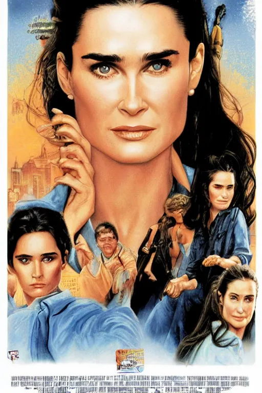 Prompt: texto highly detailed movie poster by drew struzan with brooke shields and demi moore artwork