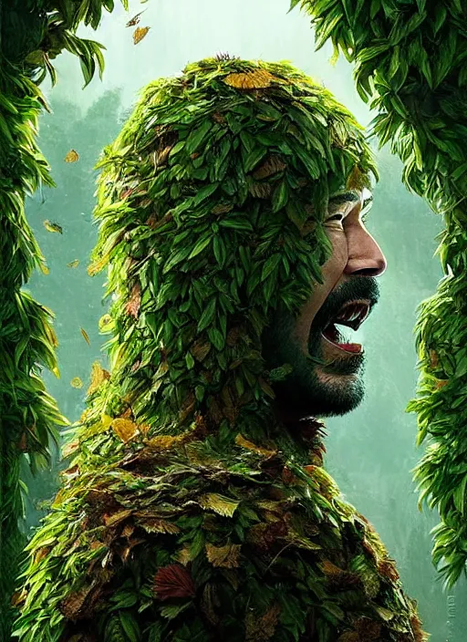 Image similar to highly detailed comedy caper movie poster with silly wacky zany keanu reeves as a sentient pile of leaves, keanu reeves green face as a sentient leafy bush by greg rutkowski, masterpiece, really funny, 1 0 / 1 0 comedy