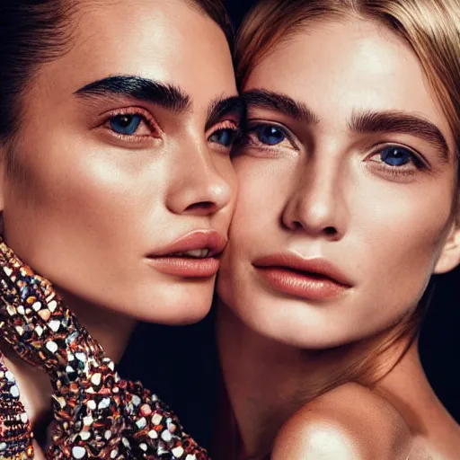 Prompt: close up of a two fashion models smiling, official harper's bazaar editorial, highly detailed