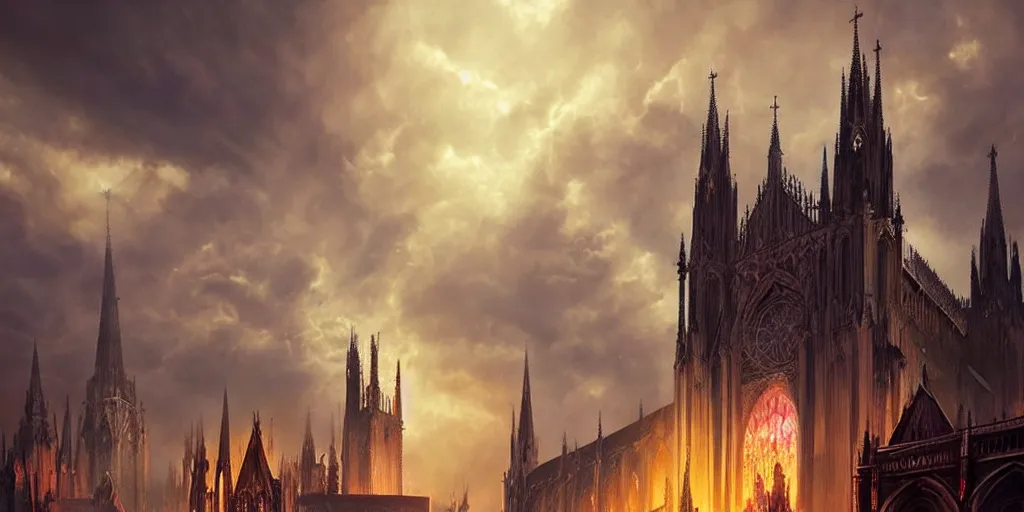 Image similar to beautiful huge dark gothic cathedral, gorgeous clouds, god rays, digital art, landscape, fantasy art, octane render, ureal engine, high detail, very realistic, by greg rutkowski. by james gurney