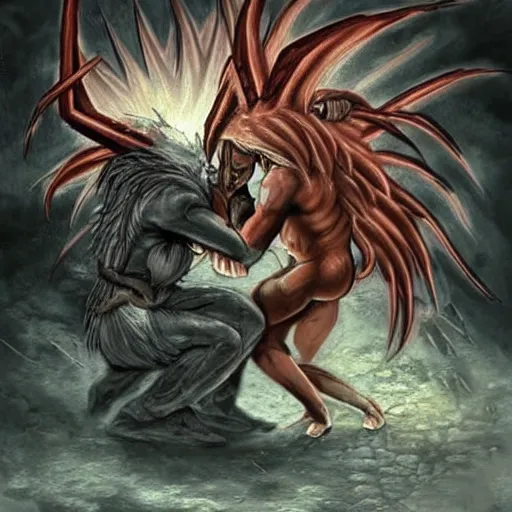 Image similar to Baphomet fistfighting a savage woman with wild spiky black Saiyan hair, dark dungeon, bloody walls, fantasy art, absurd quality