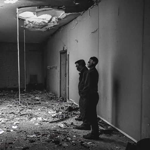 Image similar to two men in black, watching a black hole forming in the grimy grungy basement of an abandoned apartment block, wires, cables, grainy black and white photography