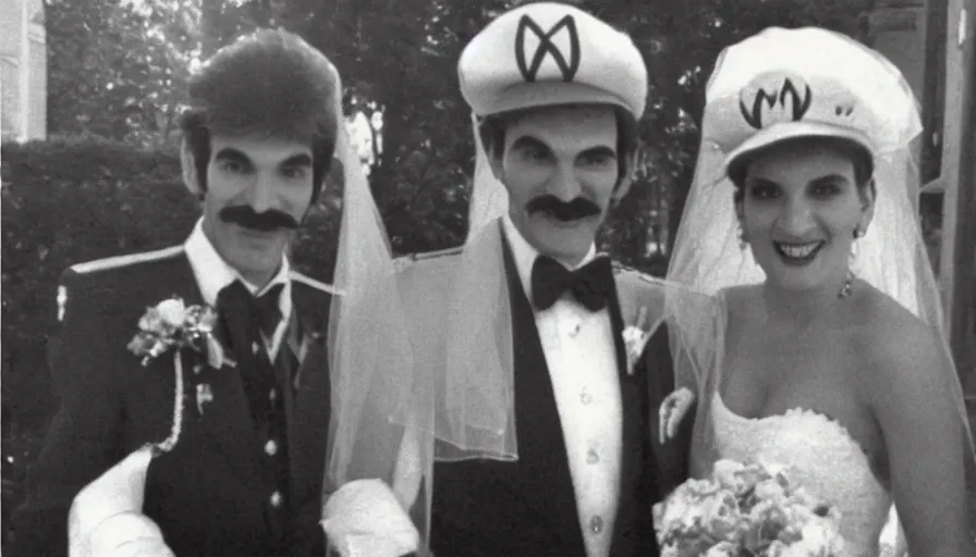 Image similar to Waluigi and Mario’s wedding photograph, circa 1985