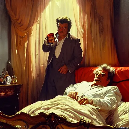 Prompt: peter falk as columbo is in his bed, nervous and terrified, because rip taylor is throwing confetti from a bucket at him. highly detailed painting by gaston bussiere, j. c. leyendecker, greg rutkowski, craig mullins 8 k