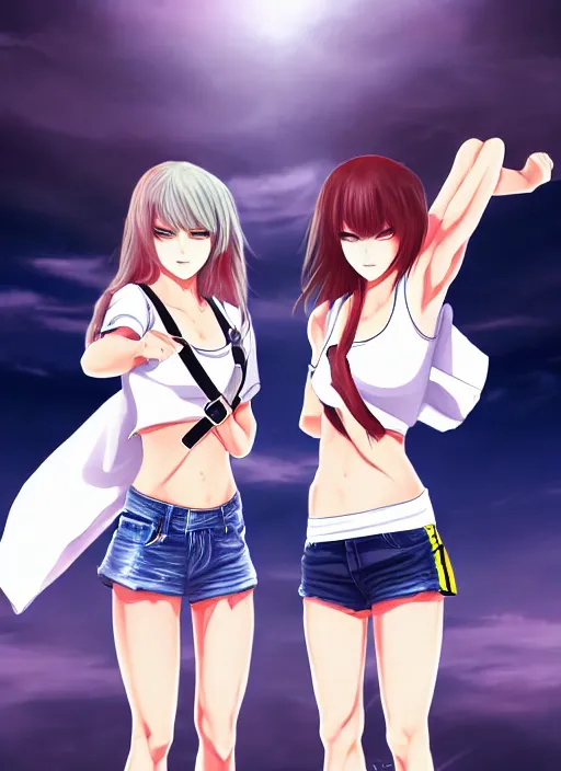 Image similar to two beautiful identical female fighters facing each other, jean shorts, white top, dim lighting, gorgeous features, high resolution, detailed anime art