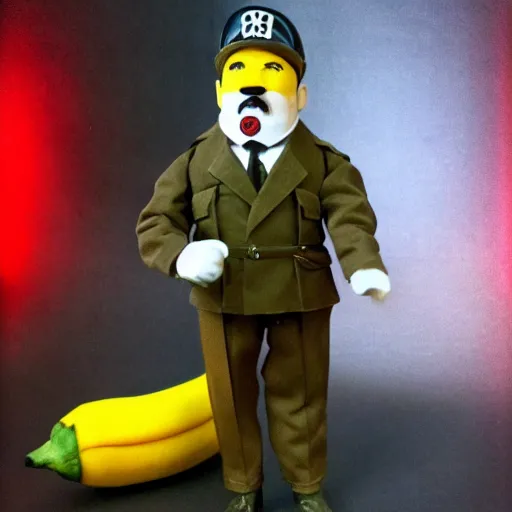 Prompt: adolf hitler banana action figure, well lit, studio light, painted action figure, toy advertisement, toy package